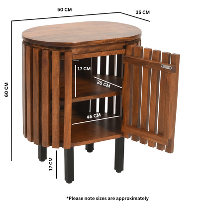 Slatted mango wood bedside table with walnut finish and storage cabinet by Indian Hub, showcasing a modern, natural wood design.