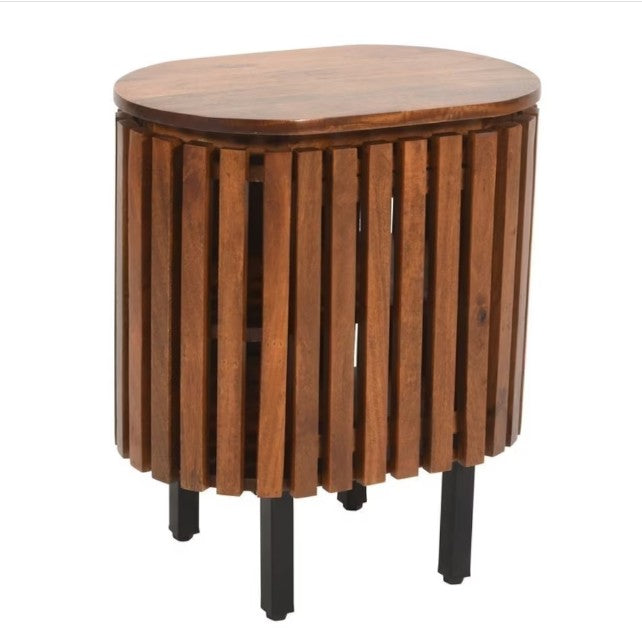 Slatted mango wood bedside table with walnut finish and storage cabinet, Indian Hub bedroom furniture.