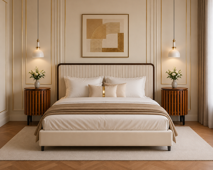 Slatted mango wood bedside table with walnut finish, storage cabinet, Indian Hub brand, natural wood grain and modern design