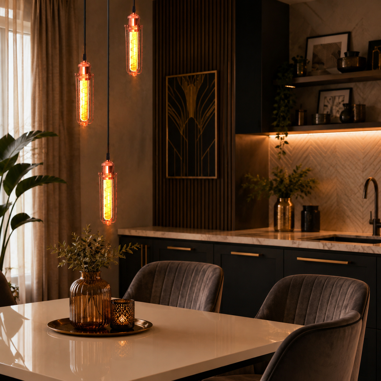 Three-light rose gold pendant ceiling light with round wire cage, industrial chandelier by LEDSONE.