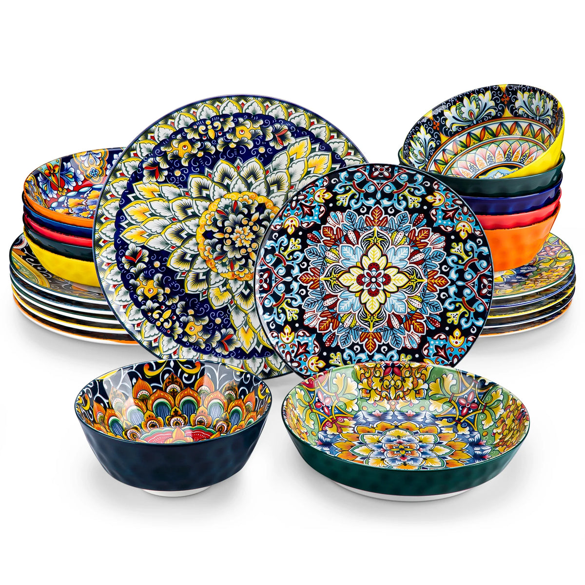 Livoshop 24-piece ceramic dinnerware set with bohemian style including dinner, dessert, cereal, and pasta bowls and plates.