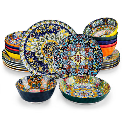 Livoshop 24-piece ceramic dinnerware set with bohemian style including dinner, dessert, cereal, and pasta bowls and plates.