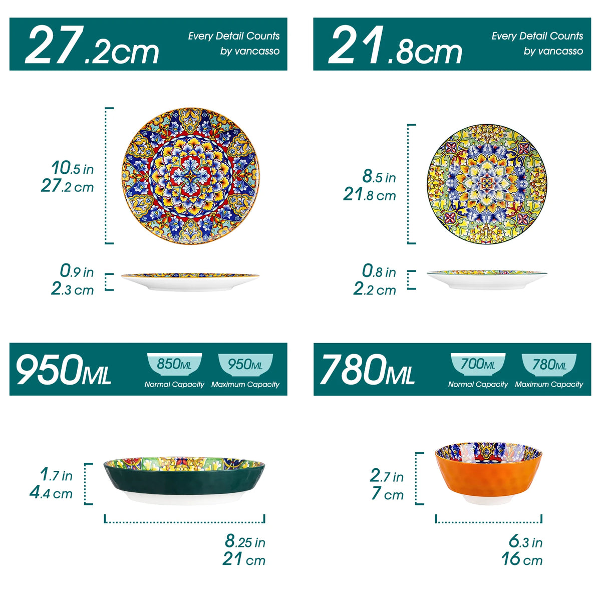 Livoshop 24-piece ceramic dinnerware set with bohemian style, includes dinner plates, dessert plates, cereal, and pasta bowls.