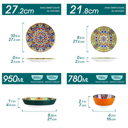 Livoshop 24-piece ceramic dinnerware set with bohemian style, includes dinner plates, dessert plates, cereal, and pasta bowls.