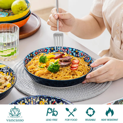 Livoshop 24-piece ceramic dinnerware set with bohemian-style stoneware plates and bowls, including dinner, dessert, cereal, and pasta bowls.