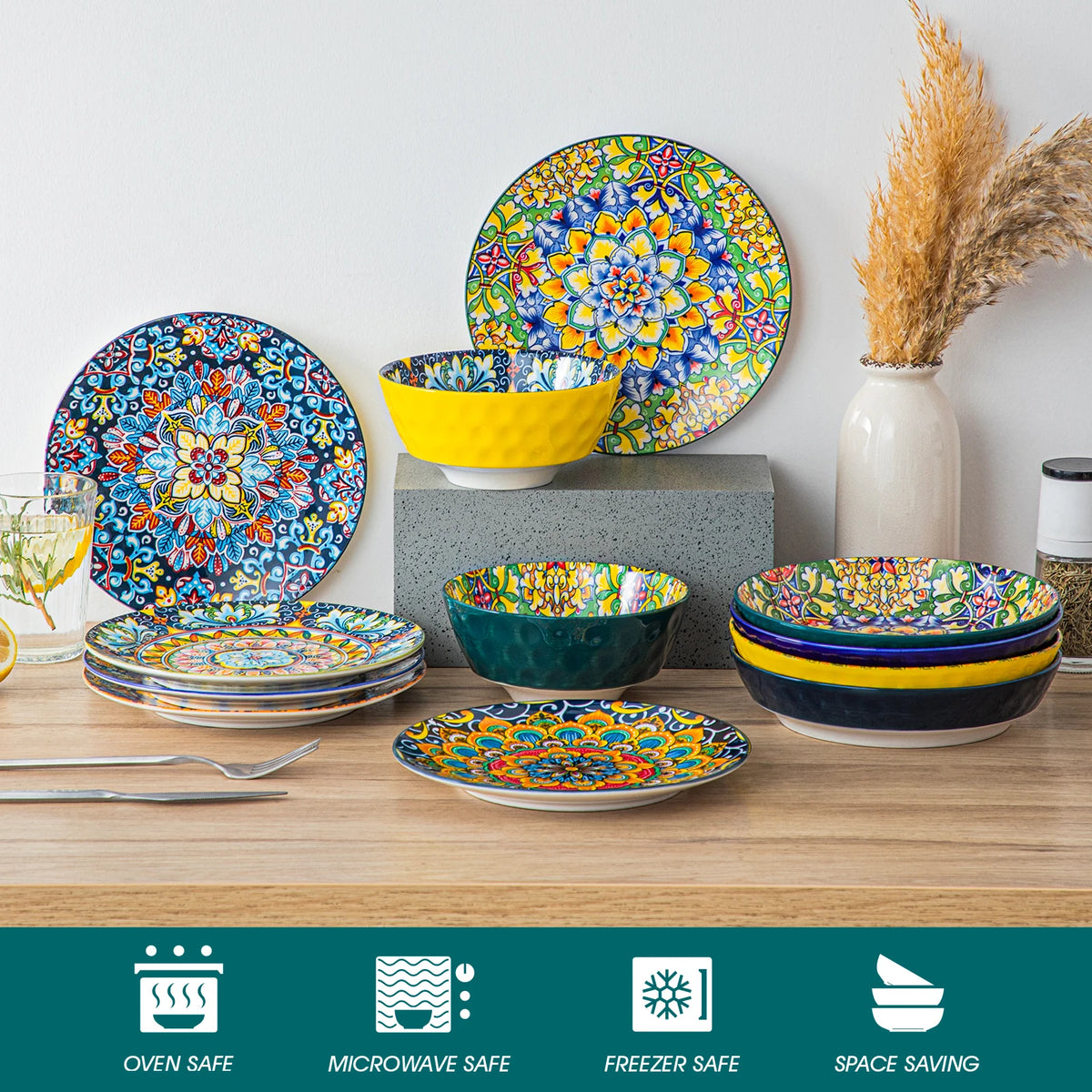 Livoshop 24-piece ceramic dinnerware set with bohemian style includes dinner plates, dessert plates, cereal and pasta bowls.