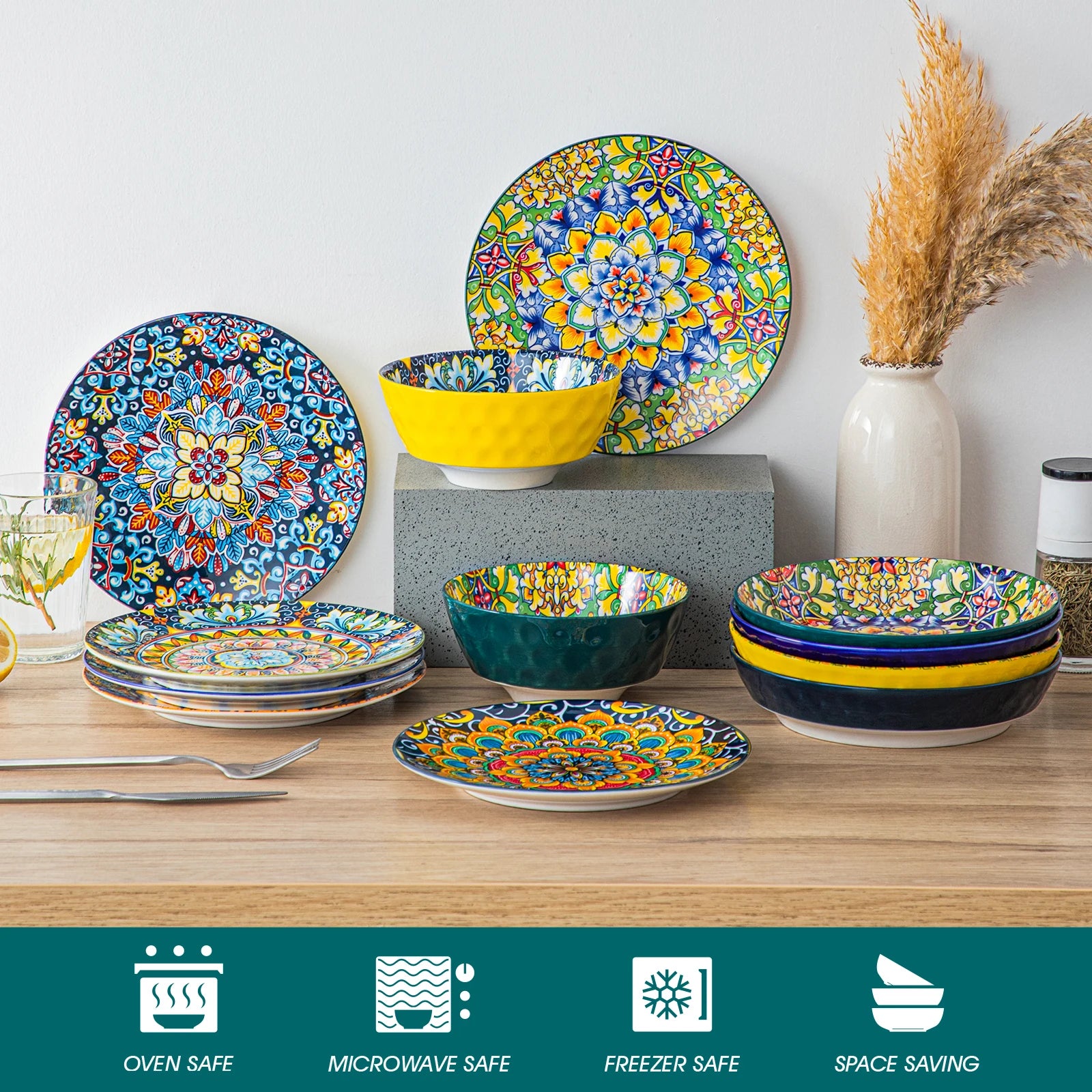 Livoshop 24-piece ceramic dinnerware set with bohemian style includes dinner plates, dessert plates, cereal and pasta bowls.