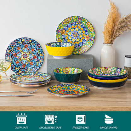 Livoshop 24-piece ceramic dinnerware set with bohemian style includes dinner plates, dessert plates, cereal and pasta bowls.