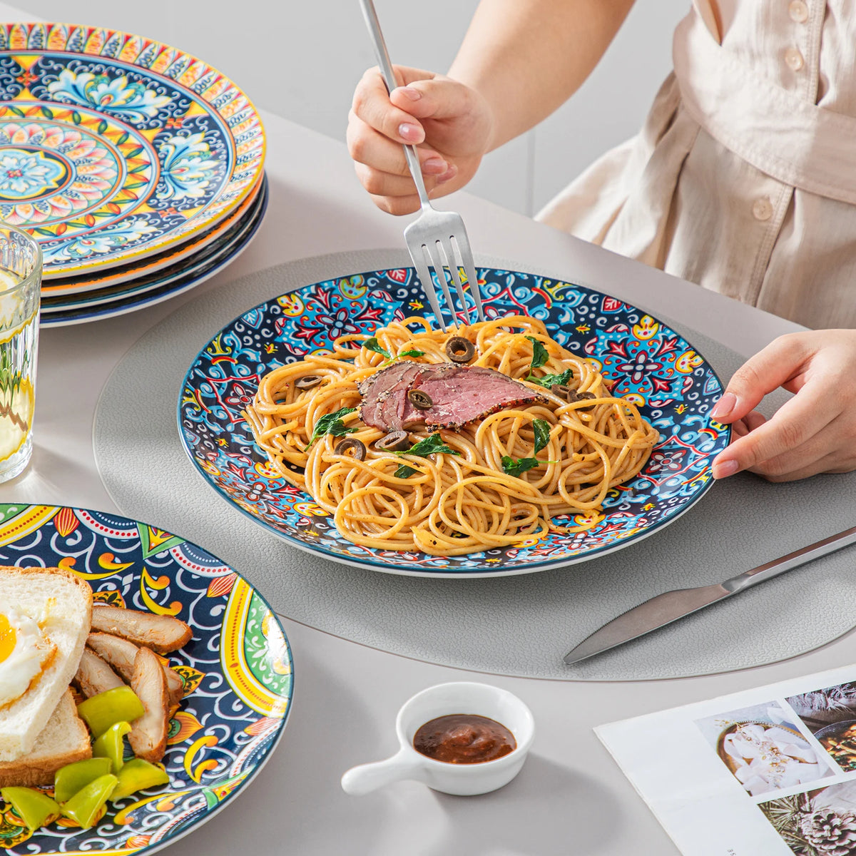 Livoshop 24-piece ceramic dinnerware set includes dinner, dessert, cereal, and pasta bowls in bohemian stoneware style