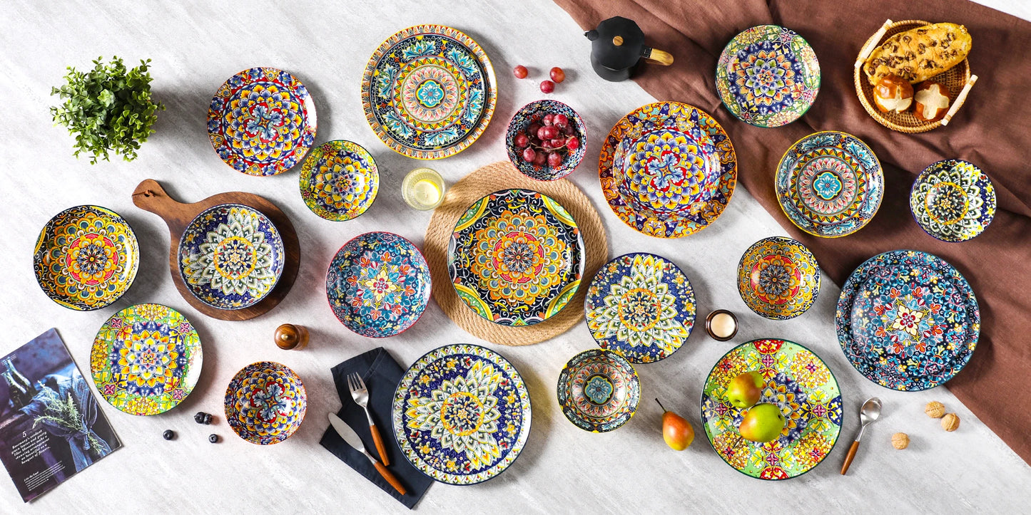 Livoshop 24-piece ceramic dinnerware set with Bohemian style, includes dinner plates, dessert plates, cereal, and pasta bowls.