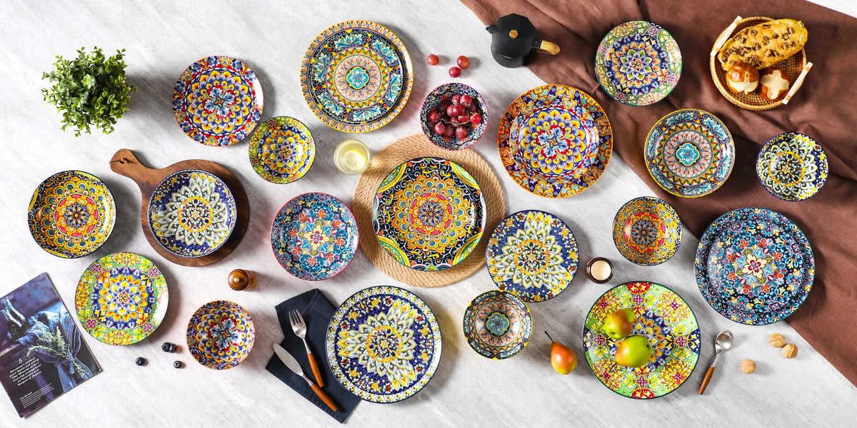 Livoshop 24-piece ceramic dinnerware set with Bohemian style, includes dinner plates, dessert plates, cereal, and pasta bowls.