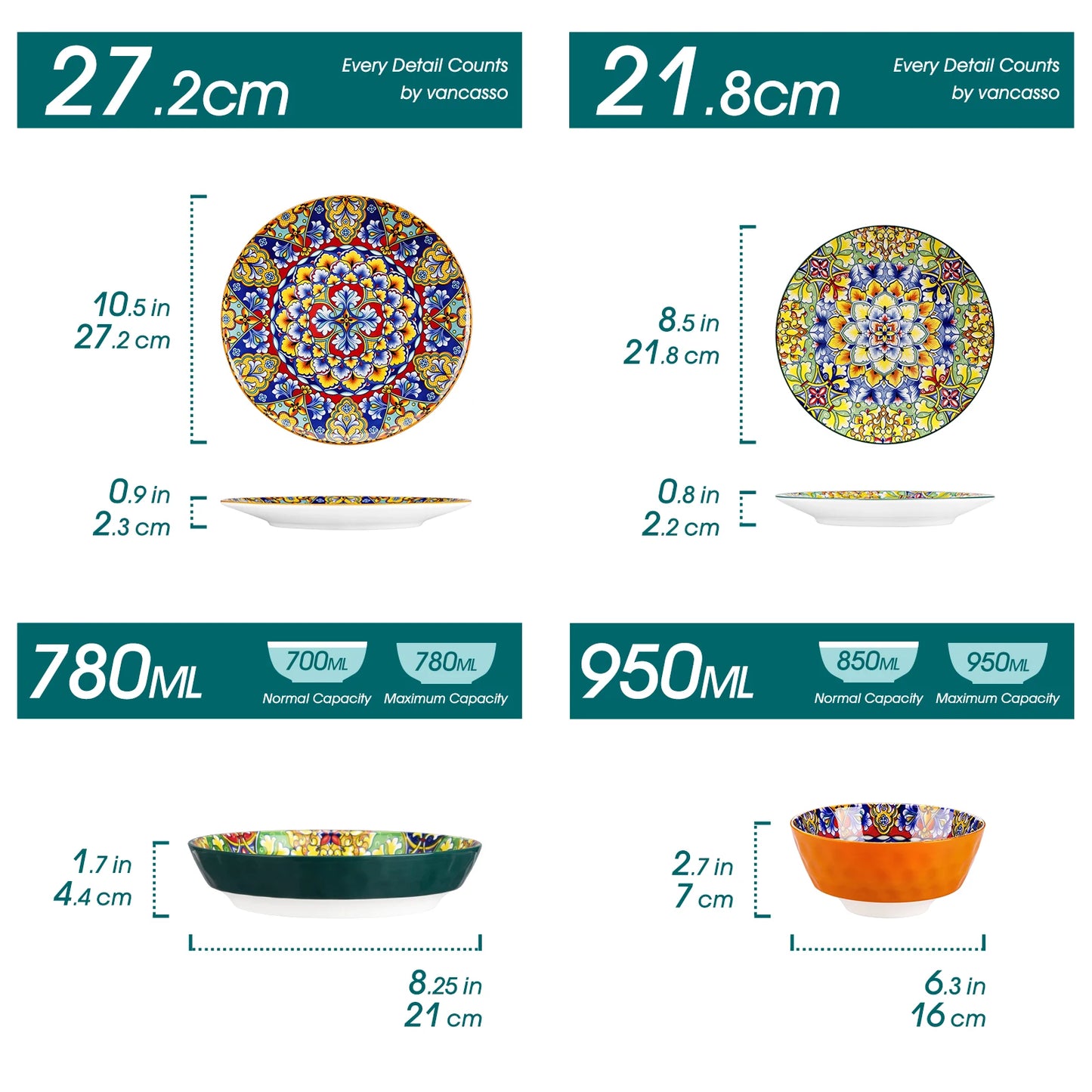 Livoshop 24-piece Bohemian style ceramic dinnerware set with dinner, dessert, cereal, and pasta bowls and plates.