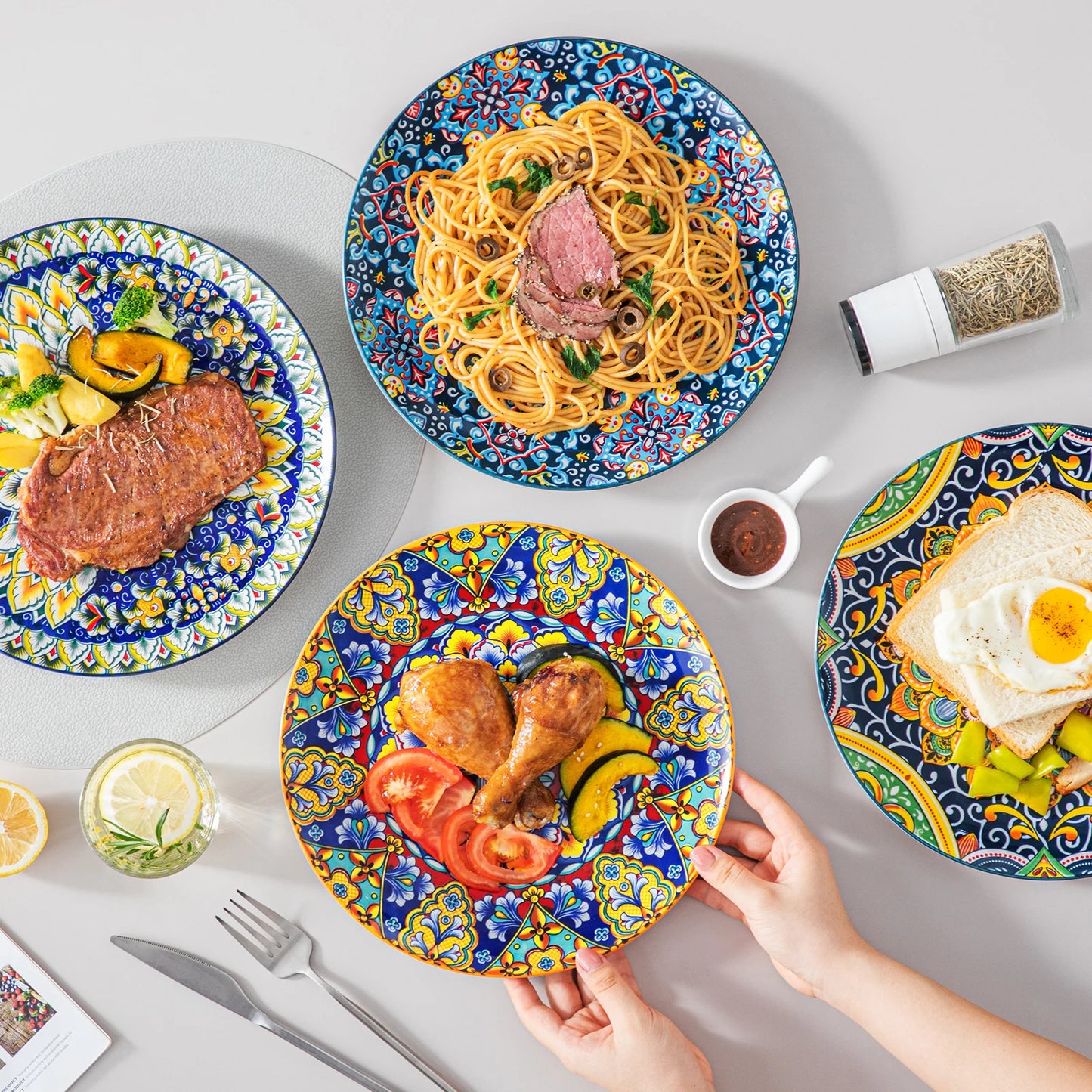 Livoshop 24-piece ceramic dinnerware set with bohemian style, includes dinner, dessert, cereal, and pasta bowls and plates.