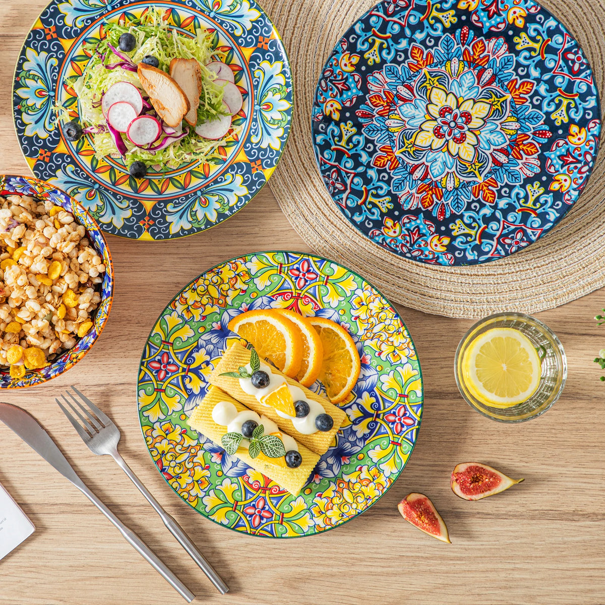 Livoshop 24-piece ceramic dinnerware set with bohemian stoneware design including dinner, dessert, cereal, and pasta bowls and plates.
