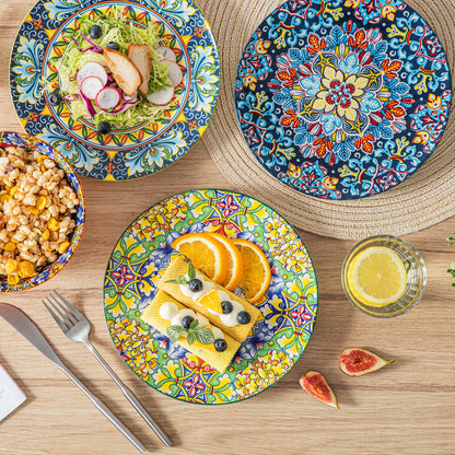 Livoshop 24-piece ceramic dinnerware set with bohemian stoneware design including dinner, dessert, cereal, and pasta bowls and plates.