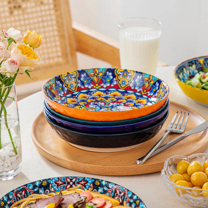 Livoshop 24-piece ceramic dinnerware set with bohemian style, includes dinner, dessert, cereal, and pasta bowls and plates.