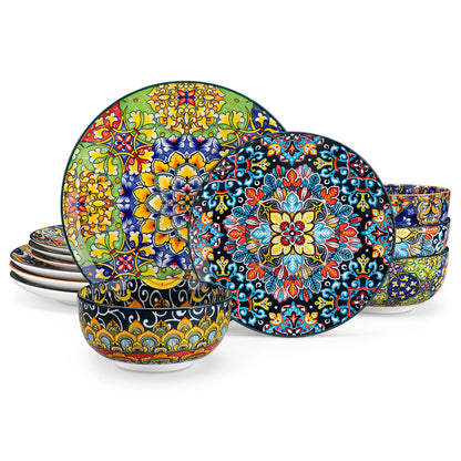 Livoshop 24-piece ceramic dinnerware set with bohemian-style stoneware dinner, dessert, cereal, and pasta bowls and plates.