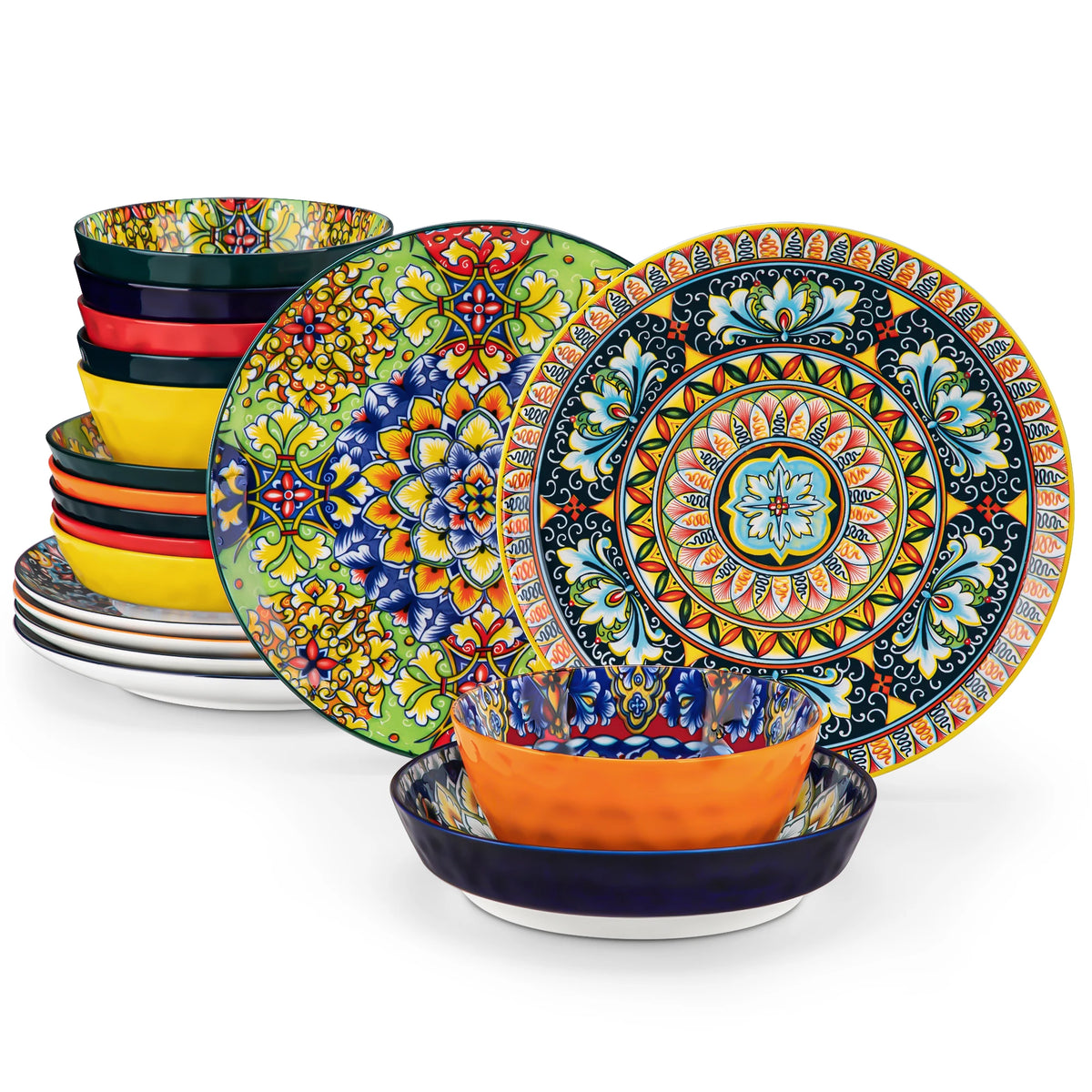 Livoshop 24-piece ceramic dinnerware set with bohemian stoneware, includes dinner, dessert, cereal, and pasta bowls, plates.