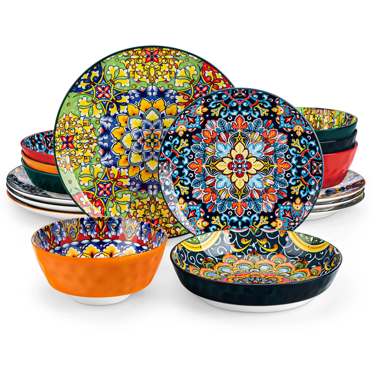 Livoshop 24-piece ceramic dinnerware set with bohemian stoneware design including dinner, dessert, cereal, and pasta bowls and plates.