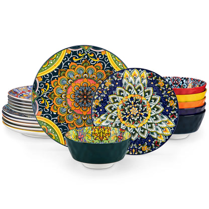 Livoshop 24-piece ceramic dinnerware set with bohemian stoneware design, including dinner, dessert, cereal, and pasta bowls.
