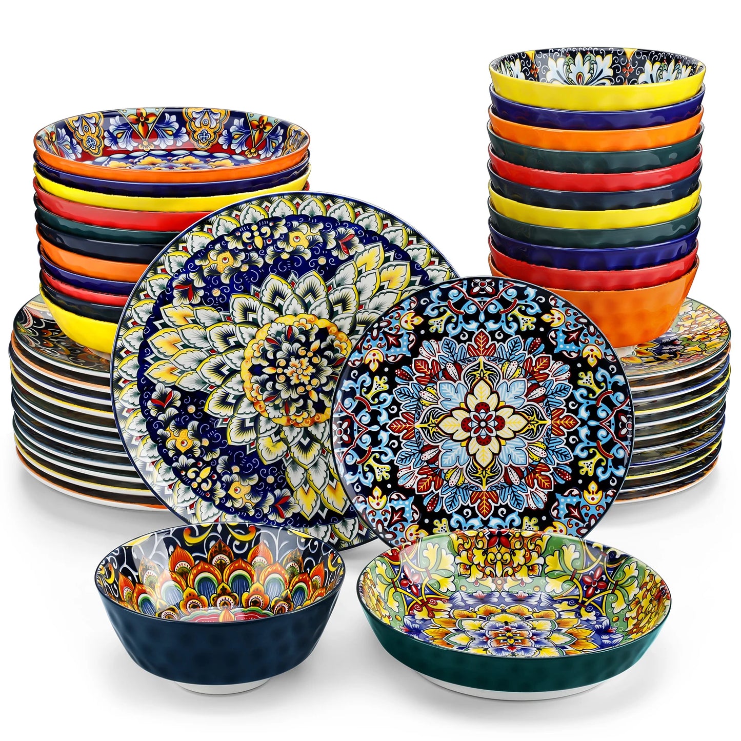 Livoshop 24-piece ceramic dinnerware set with bohemian style stoneware plates, cereal and pasta bowls, dinner and dessert plates.
