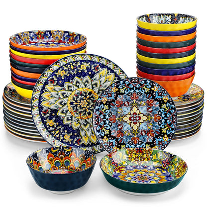 Livoshop 24-piece ceramic dinnerware set with bohemian style stoneware plates, cereal and pasta bowls, dinner and dessert plates.