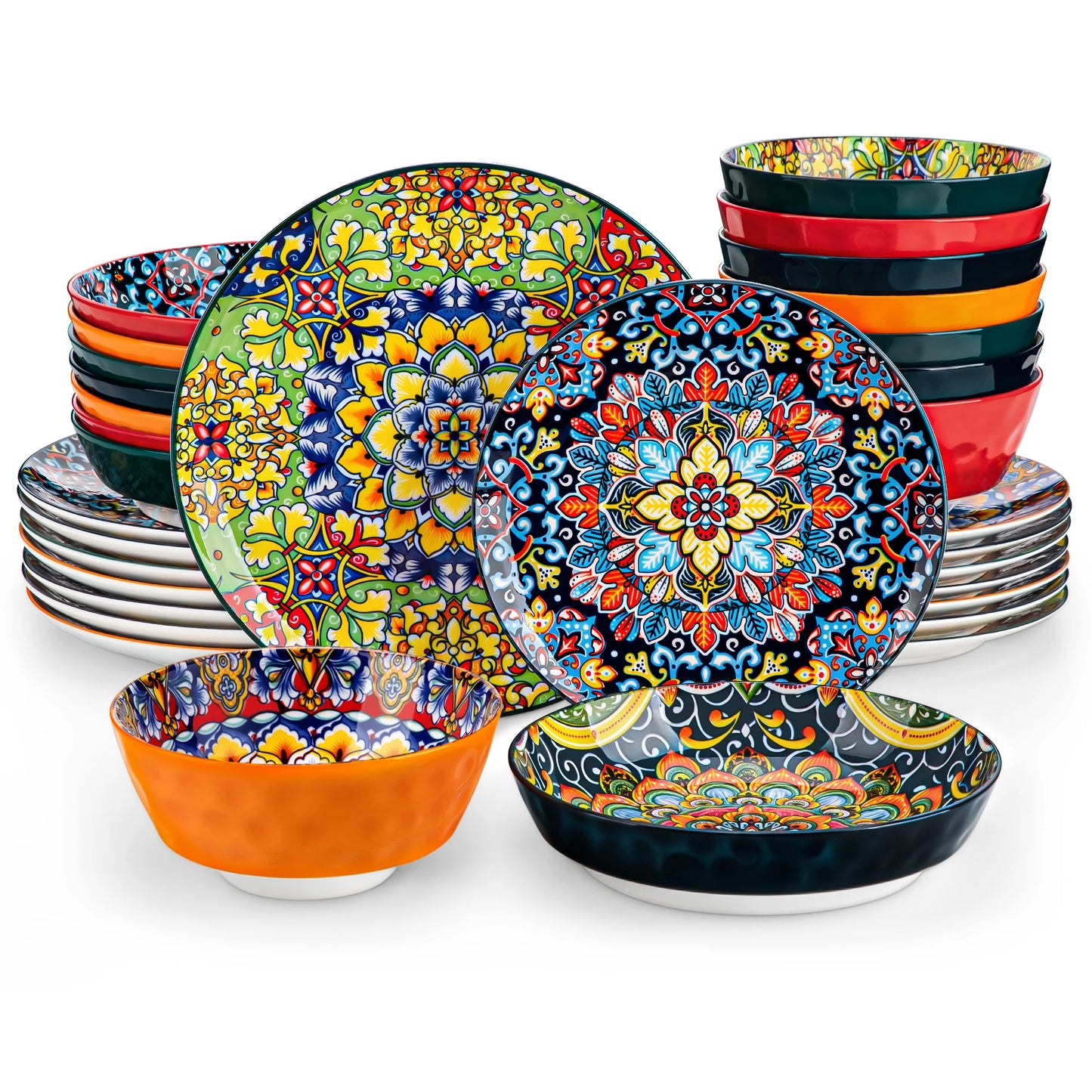 Livoshop 24-piece ceramic dinnerware set with bohemian stoneware design, including dinner, dessert, cereal, and pasta bowls.
