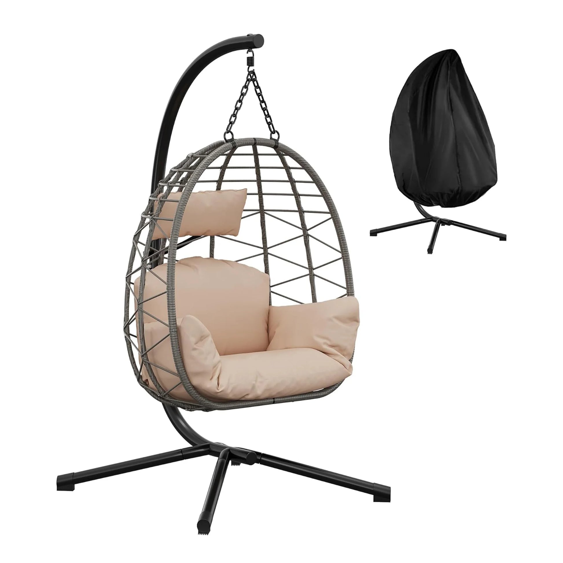 Beige foldable rattan egg swing chair with metal stand, weatherproof indoor and outdoor hammock seating from Livoshop.