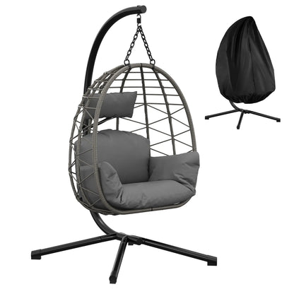 Livoshop beige foldable rattan egg chair with metal stand, weatherproof indoor outdoor hanging hammock for patio or garden.
