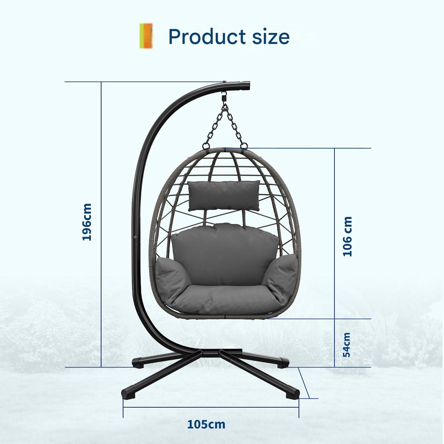 Beige foldable rattan egg chair with metal stand, weatherproof indoor outdoor hanging hammock chair for patio or garden seating.
