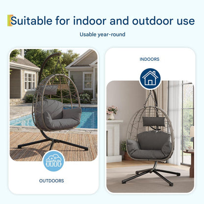 Livoshop beige foldable rattan egg swing chair with metal stand, suitable for indoor and outdoor patio or garden use.