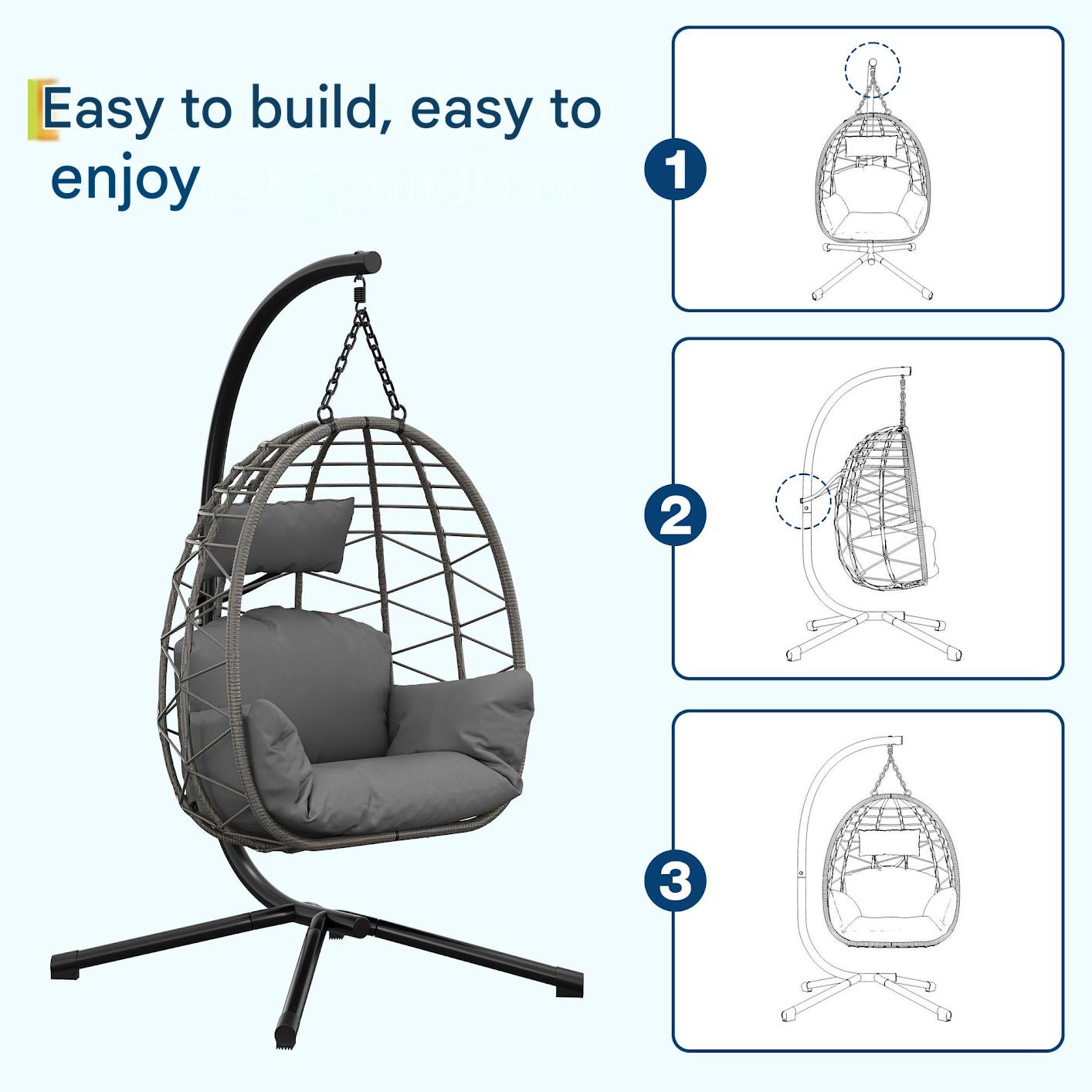 Livoshop beige foldable rattan swing egg chair with metal stand, ideal for indoor or outdoor patio and garden relaxation.