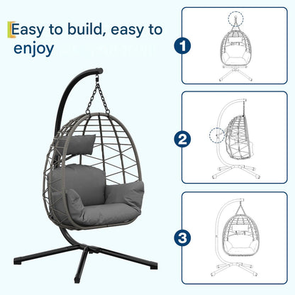 Livoshop beige foldable rattan swing egg chair with metal stand, ideal for indoor or outdoor patio and garden relaxation.