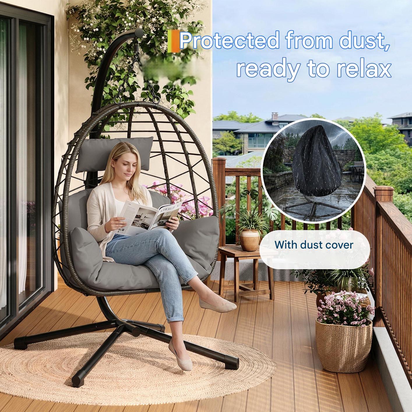 Livoshop beige foldable rattan swing egg chair with metal stand, weatherproof indoor outdoor hanging hammock for patio or garden.