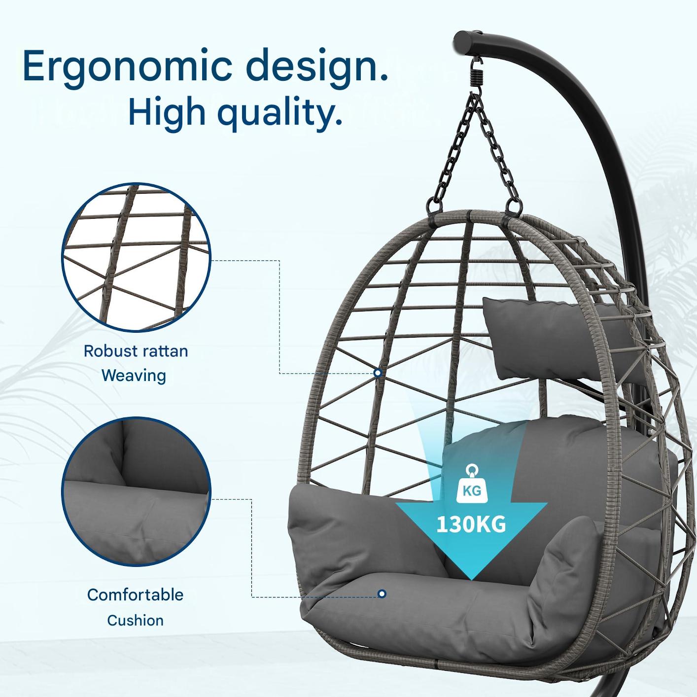 Beige foldable rattan egg-shaped swing chair with metal stand, weatherproof for indoor or outdoor patio and garden use.