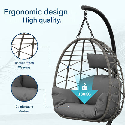 Beige foldable rattan egg-shaped swing chair with metal stand, weatherproof for indoor or outdoor patio and garden use.