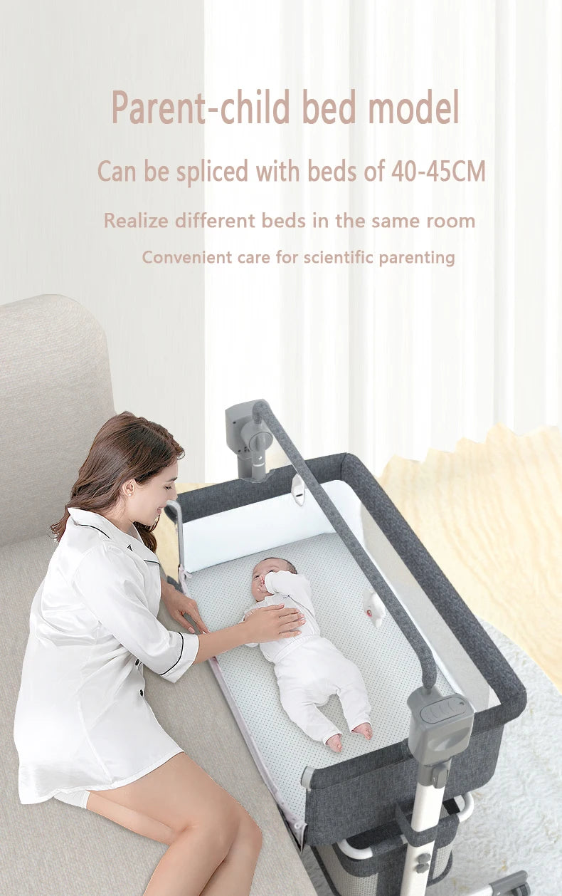 Livoshop portable Bluetooth baby crib with auto-rocking, foldable bedside sleeper for newborns in light grey, shown folded and set up.
