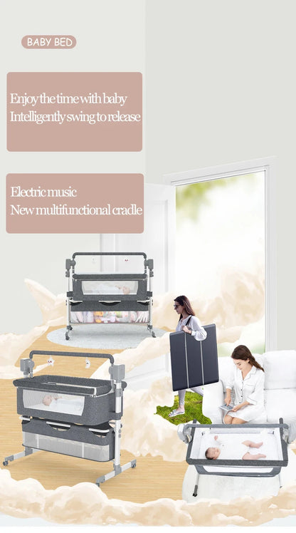 Light grey portable Bluetooth baby crib by Livoshop with auto-rocking and foldable design for newborns, shown as a compact bedside sleeper.