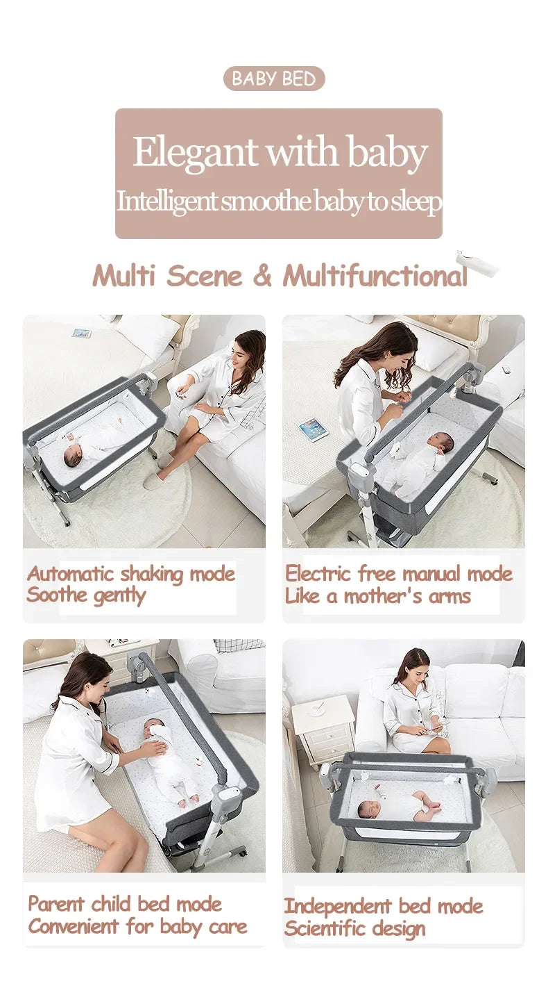 Light grey portable Bluetooth baby crib with auto-rocking, foldable bedside sleeper for newborns by Livoshop.