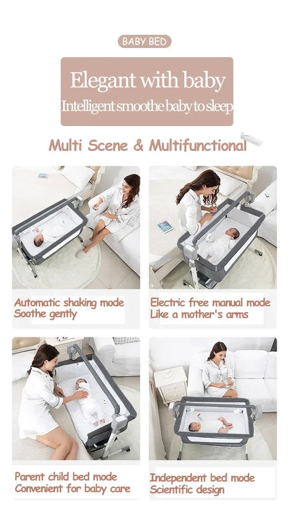 Light grey portable Bluetooth baby crib with auto-rocking, foldable bedside sleeper for newborns by Livoshop.