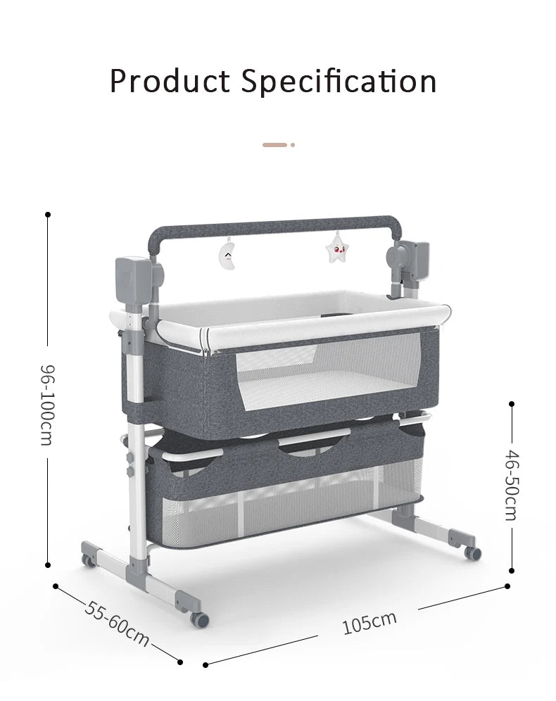 Light grey portable Bluetooth baby crib by Livoshop with auto-rocking and foldable design, ideal for newborns and bedside sleeping.