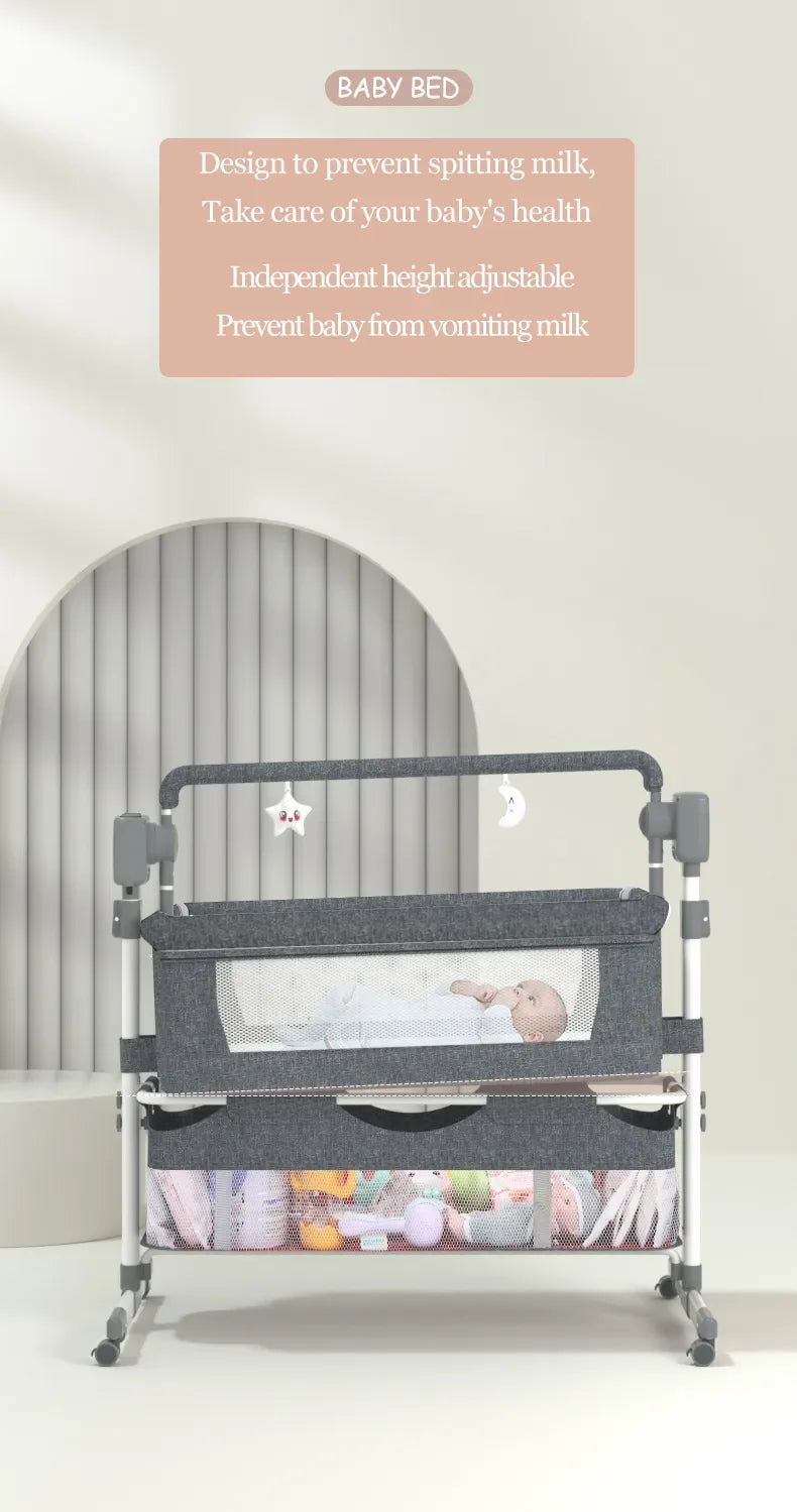 Light grey portable Bluetooth baby crib by Livoshop with auto-rocking and foldable design, perfect for newborn bedside sleeping.