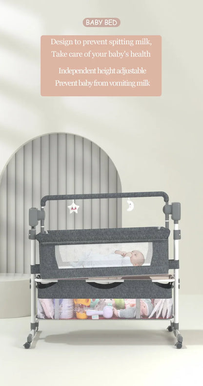 Light grey portable Bluetooth baby crib by Livoshop with auto-rocking and foldable design, perfect for newborn bedside sleeping.