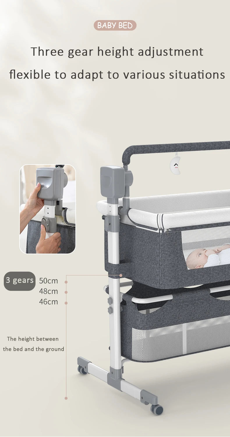Light grey portable Bluetooth baby crib by Livoshop with auto-rocking and foldable design for newborns.