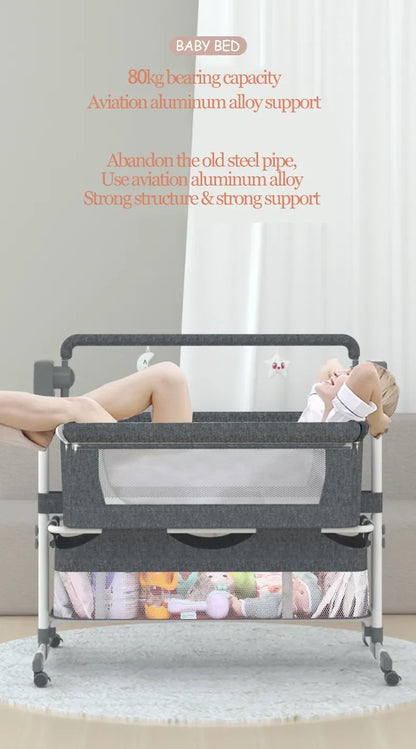 Light grey portable Bluetooth baby crib with auto-rocking feature, foldable bedside sleeper for newborns by Livoshop