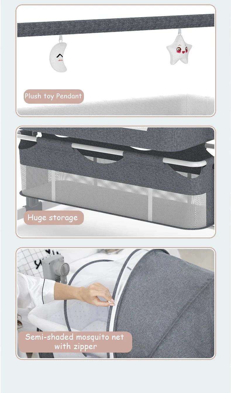 Light grey portable Bluetooth baby crib with auto-rocking feature, foldable bedside sleeper for newborns by Livoshop.