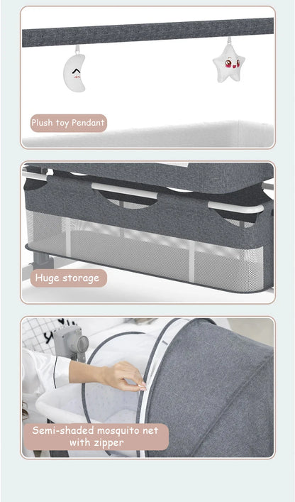 Light grey portable Bluetooth baby crib with auto-rocking feature, foldable bedside sleeper for newborns by Livoshop.