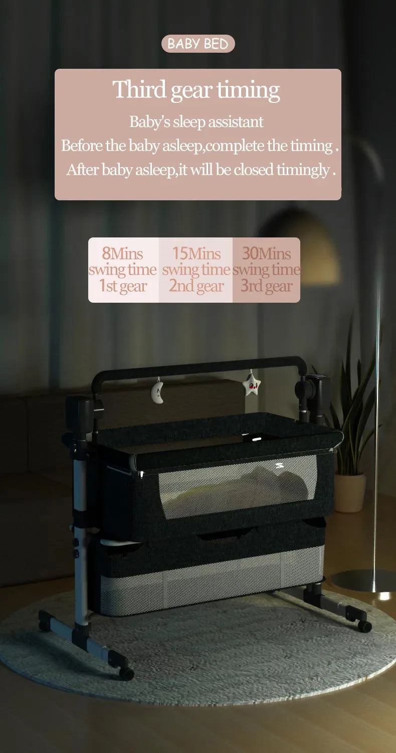 Livoshop portable Bluetooth baby crib with auto-rocking feature, foldable bedside sleeper for newborns in light grey.