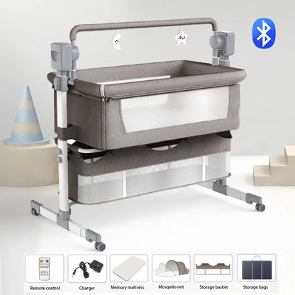 Light grey portable Bluetooth baby crib with auto-rocking, foldable bedside sleeper for newborns by Livoshop.