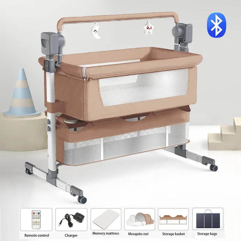 Light grey portable Bluetooth baby crib with auto-rocking and foldable design, perfect for newborns and easy bedside use.